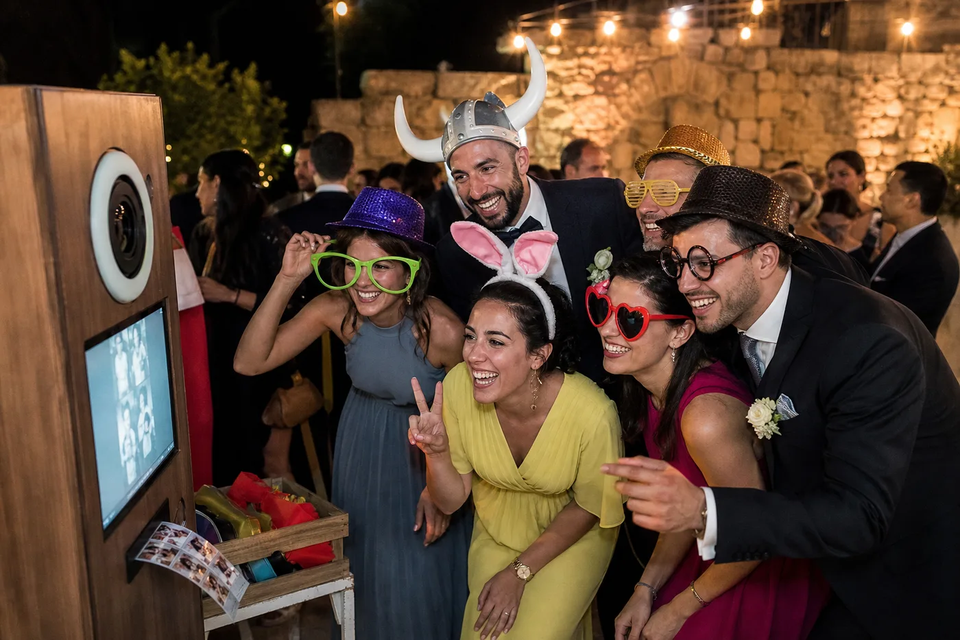 Invitados riendo en fotomatón en boda en Tarragona